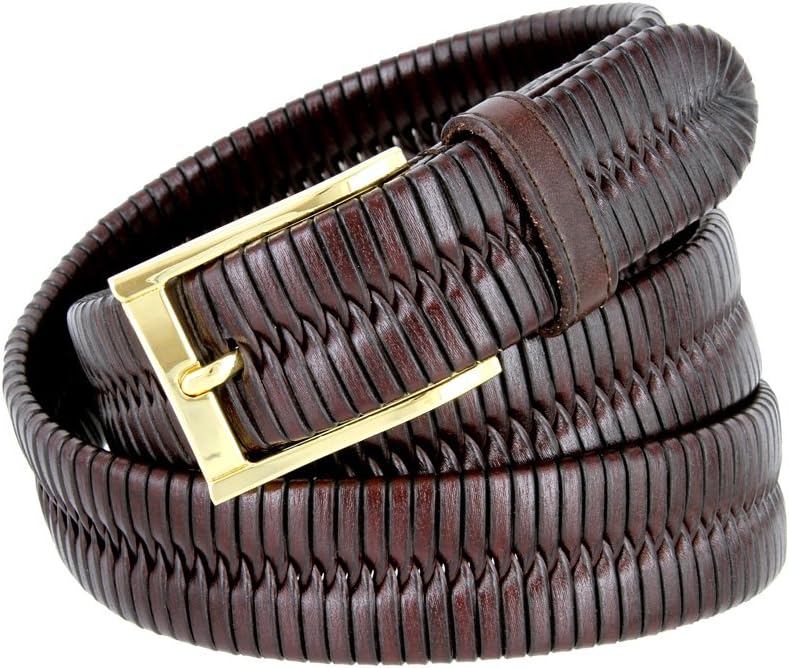 BL040 Polished Gold Plated Buckle Center Weaved Genuine Leather Dress Belt 1-1/4" - Image 2