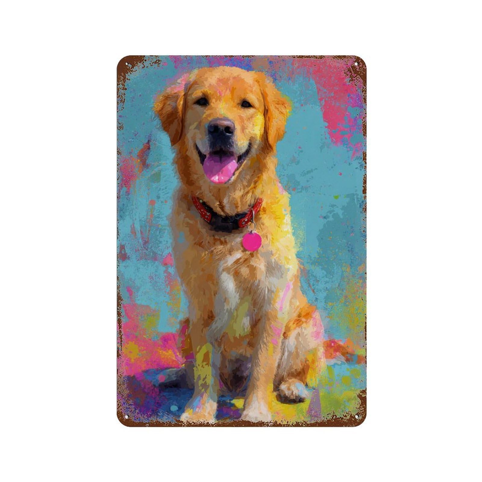 Golden Retriever Dog Painting Weathered Tin Sign 11.8"x7.9", Farmhouse Wall Decor for Garage, Pub Or Kitchen