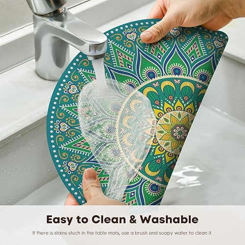 Miniatura 4 de Artoid Mode Juego de 4 manteles individuales de plástico de vinilo con mandala verde, 14 pulgadas, lavables, antideslizantes, tejidos, redondos,