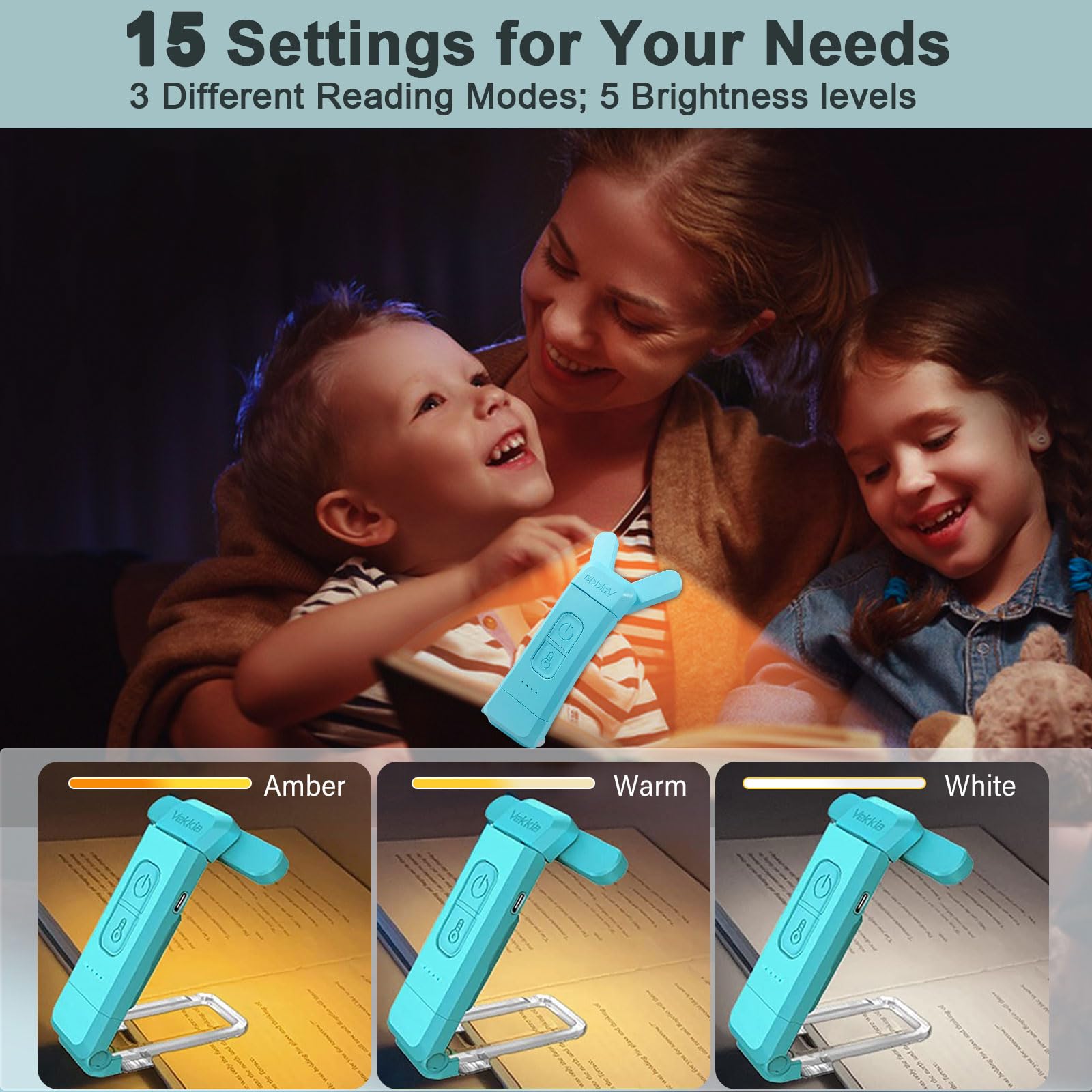 Vekkia LED Clip - on USB Book Light for Reading in Bed - 3 Colors, 5 Brightness Levels, Eye - Caring, Rechargeable & Long - Lasting, for Book Lovers and Kids