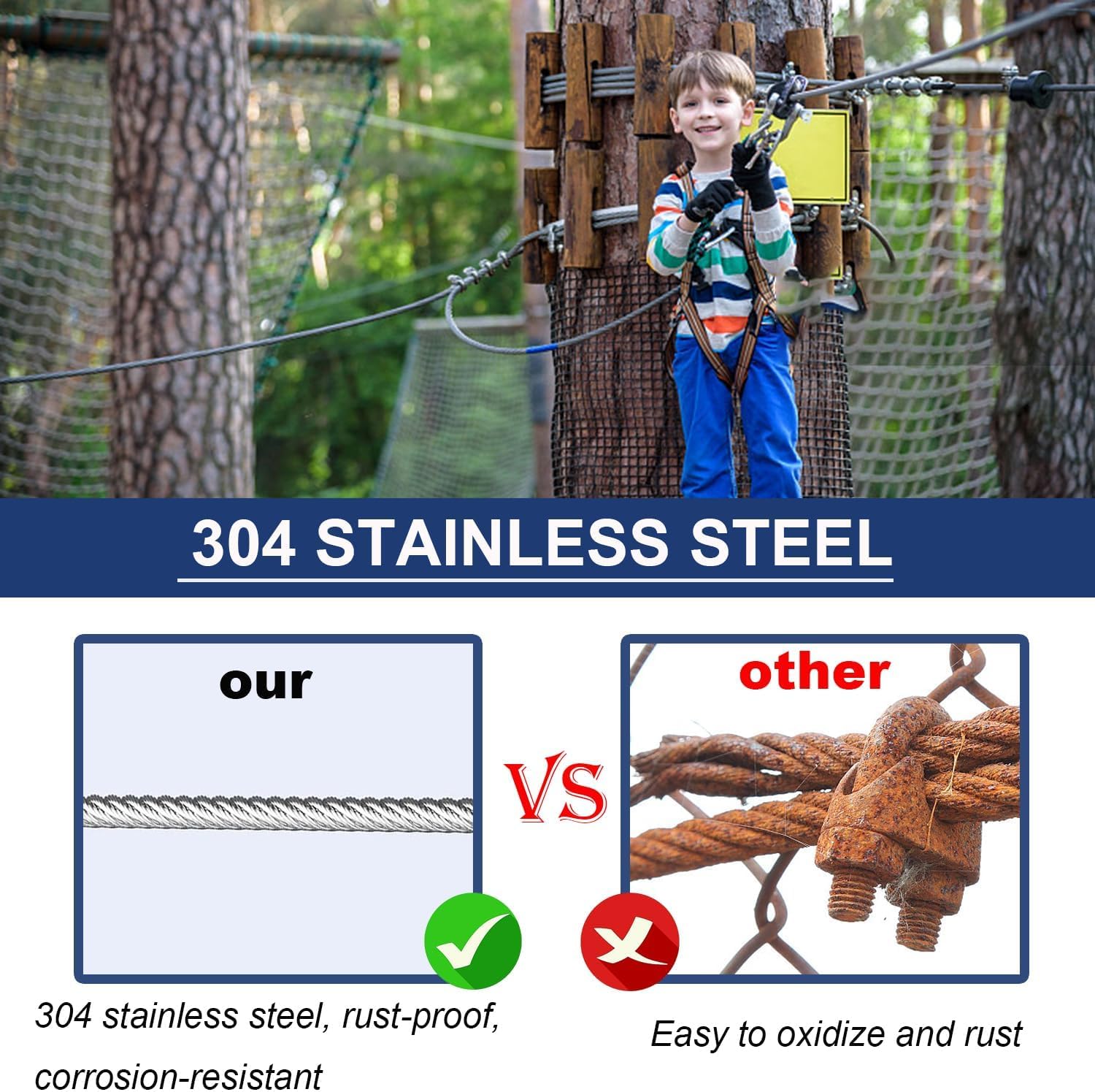 3/16 Stainless Steel Cable, 25ft Wire Rope, 7X 19 Strands, 3700lbs Breaking Strength, Marine Grade 304 Stainless Steel Aircraft Cable for Zipline, Deck Railing, Shade Sail