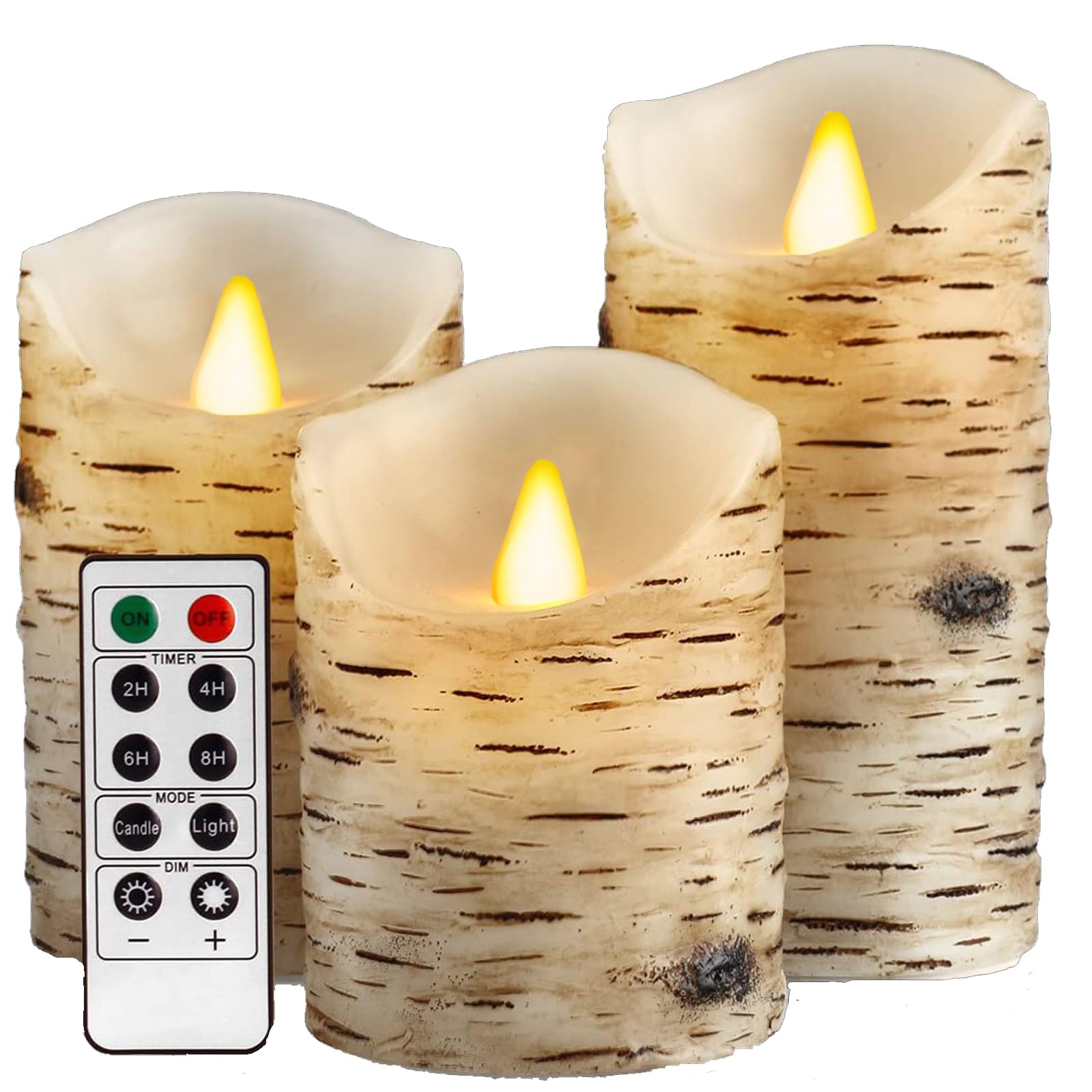Enido Wax Flameless LED Candles with Timer 3 Pc Flickering Flameless Candles for Romantic Ambiance and Home Decoration, Rustic Home Decor Mood Lighting Cozy Fall Decor Battery Operated Candles Birch