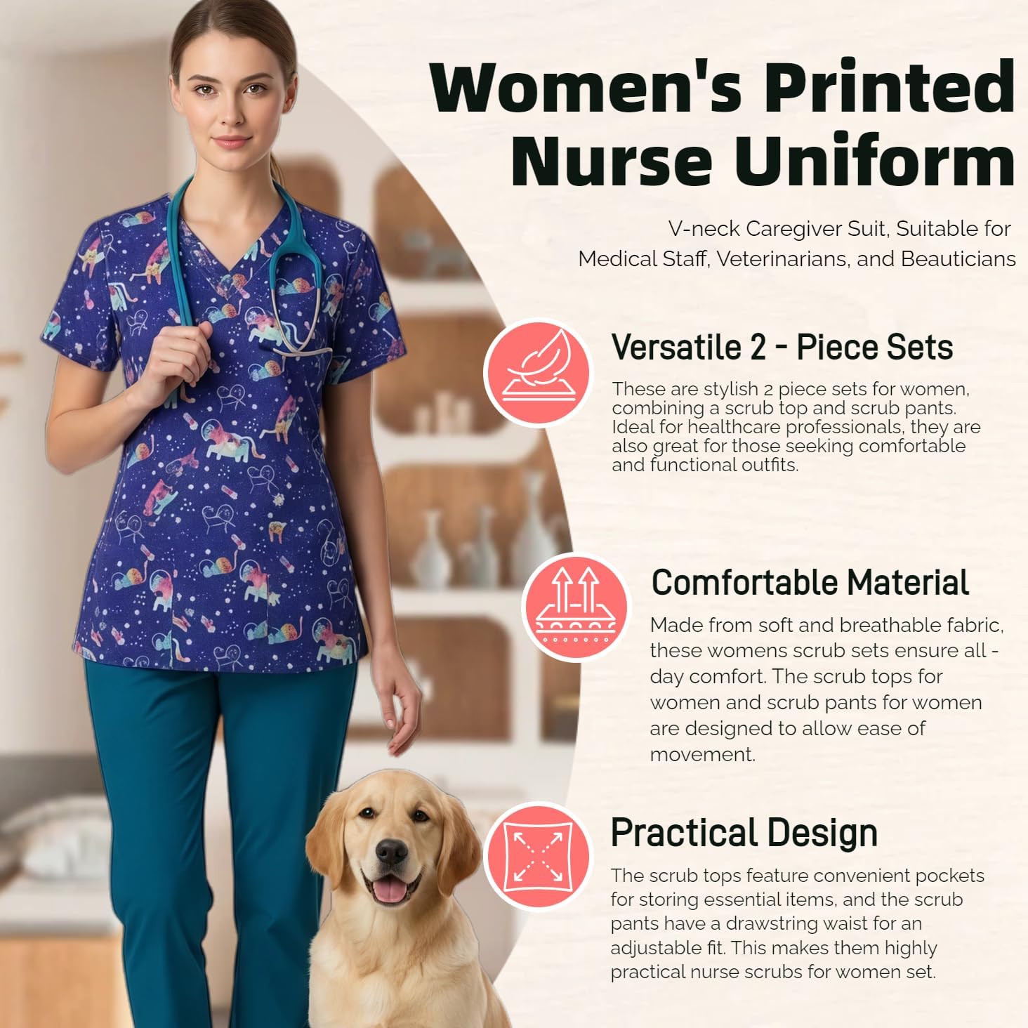 Yodilala Printed Scrubs for Women Nurse uniforms V NeckShort Sleeve Stretch Nursing Scrubs SetUniform