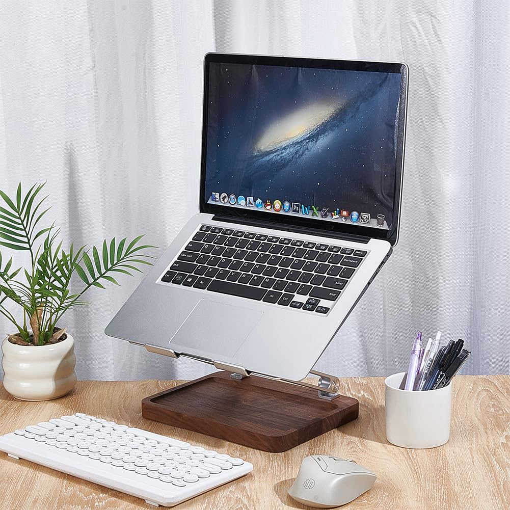 UNICRAFTALE Supporto per computer portatile in legno per scrivania, rialzo regolabile in altezza e angolo con base di stoccaggio in noce supporto refrigerante cavo per computer portatile 10-17 pollici