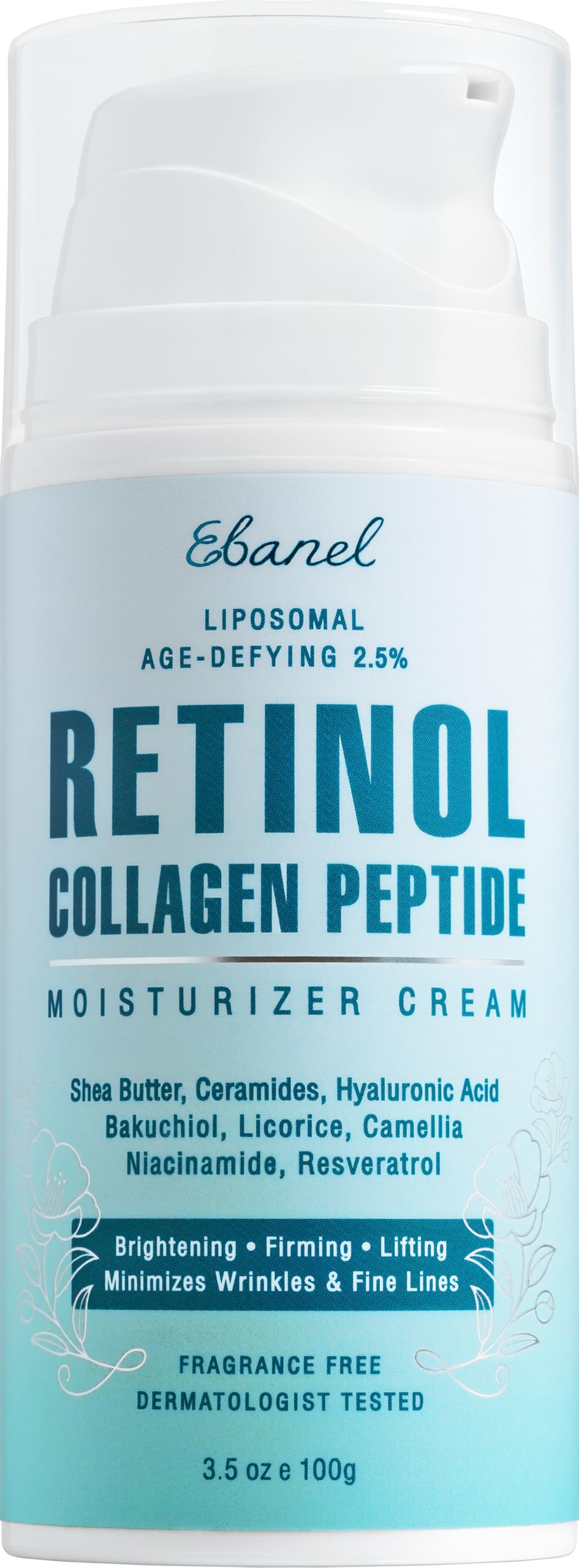 Ebanel Laboratories Retinol Moisturizer Anti-Aging Cream with Hyaluronic Acid, Peptides, Vitamin E, Shea Butter & Stem Cell Extracts
