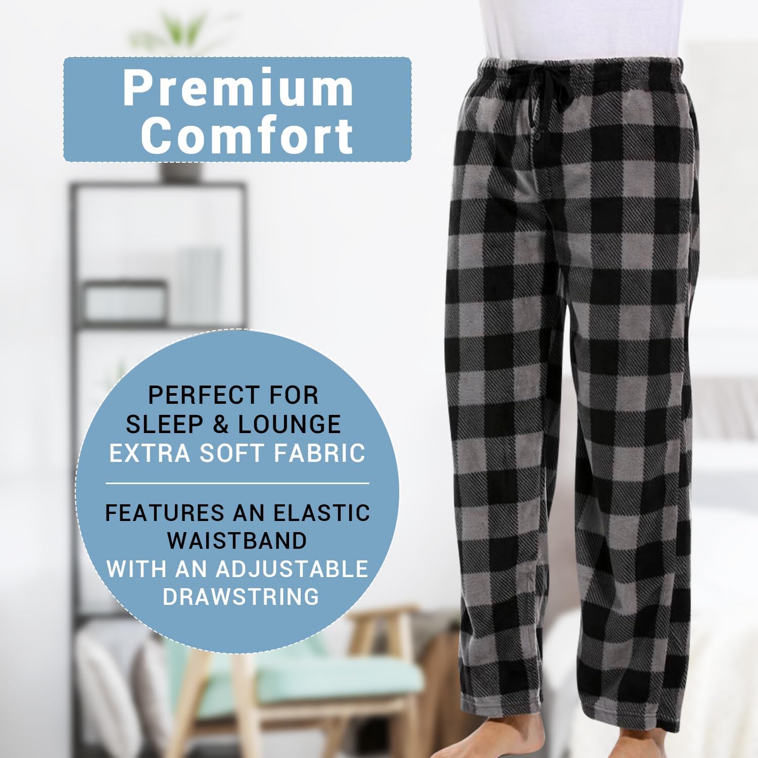 DG Hill 1Pack or 3Pack Mens PJ Pajama Pants Bottoms Fleece Lounge Pants Sleepwear Plaid PJs with Pockets Microfleece - Image 2