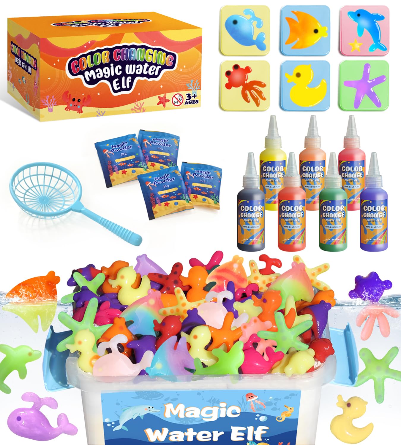 Magic Water Elf Toy Kit - Color Change Aqua Gel 7 Colors with 6 Molds - Magic Squishy Maker Water Fairies Birthday Party Favors DIY STEM Toy for 3-8 Years Old Kids
