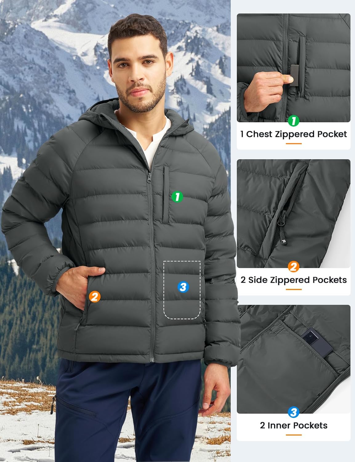 TBMPOY Men's Puffer Jacket Lightweight Hooded Winter Warm Water-Resistant Coat for Ski Casual Travel - Image 6