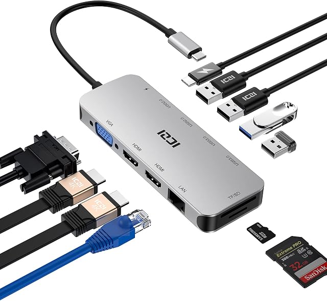 Dual HDMI docking station ICZI USB C Hub 11-in-1 USB C Multiport Adapter with 2 HDMI 4K 30Hz, 4 USB 3.0 / 2.0, Gigabit Ethernet, VGA 1080P 60Hz, PD 100W, 5Gbps USB C Data, SD/TF Card Reader