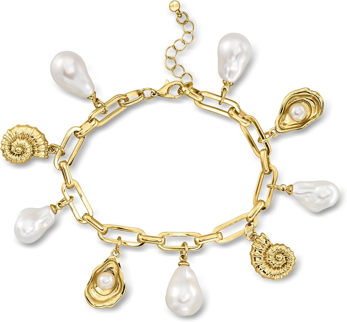 Ross-Simons Pulsera con dijes de concha marina y eslabones de clip de papel chapados en oro amarillo de 14 quilates con perlas barrocas de imitación. 7 pulgadas