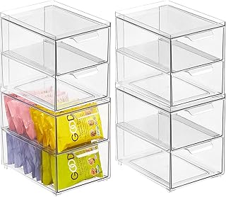 mDesign Stackable Storage Containers Box with 2 Pull-Out Drawers - Stacking Plastic Drawer Bins for Kitchen Pantry and Cupboard, Cabinet, Counter, Island and Tables - Lumiere Collection, 4 Pack, Clear