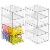 Stackable Storage Containers Box with 2 Pull-Out Drawers - Stacking Plastic Drawer Bins for Kitchen Pantry and Cupboard, Cabinet, Counter, Island and Tables - Lumiere Collection, 4 Pack, Clear