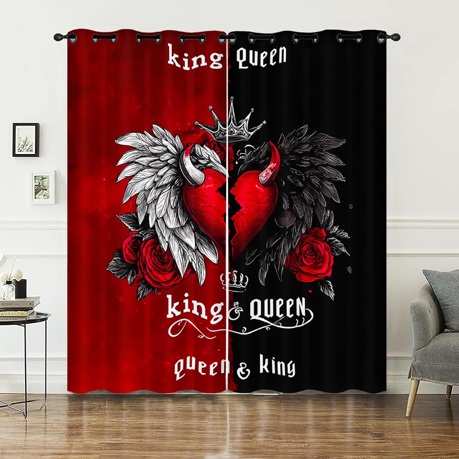 AILONEN Gothic Broken Heart Window Curtain, 42" W x84 H,Red & Black Window Drapes for Couples Adults,Angel Devil Wings Heart Curtains Set,2 Panels