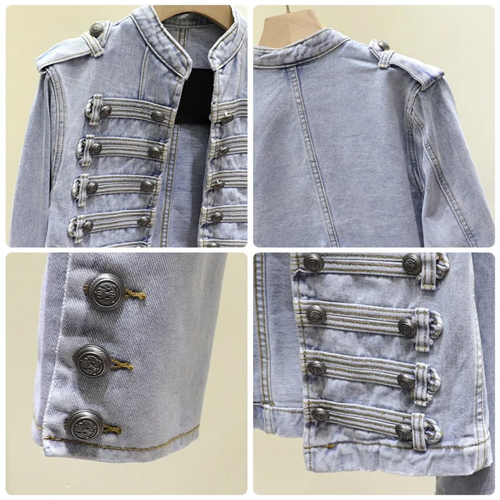 Hndudnff Chaquetas de mezclilla con cuello alto militar para mujer, chaqueta de mezclilla corta de doble botonadura