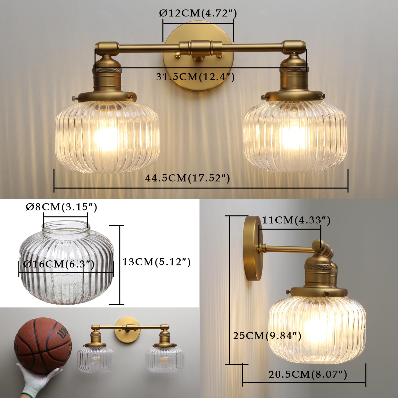 Phansthy Wandleuchte 2 Flaming gestreiftem Klarglas wandlampe Vintage Industrie Loft-Wandleuchtung für Flur Schlafzimmer Wohnzimmer Küche Badezimmer Gästezimmer etc (Antike Farbe)