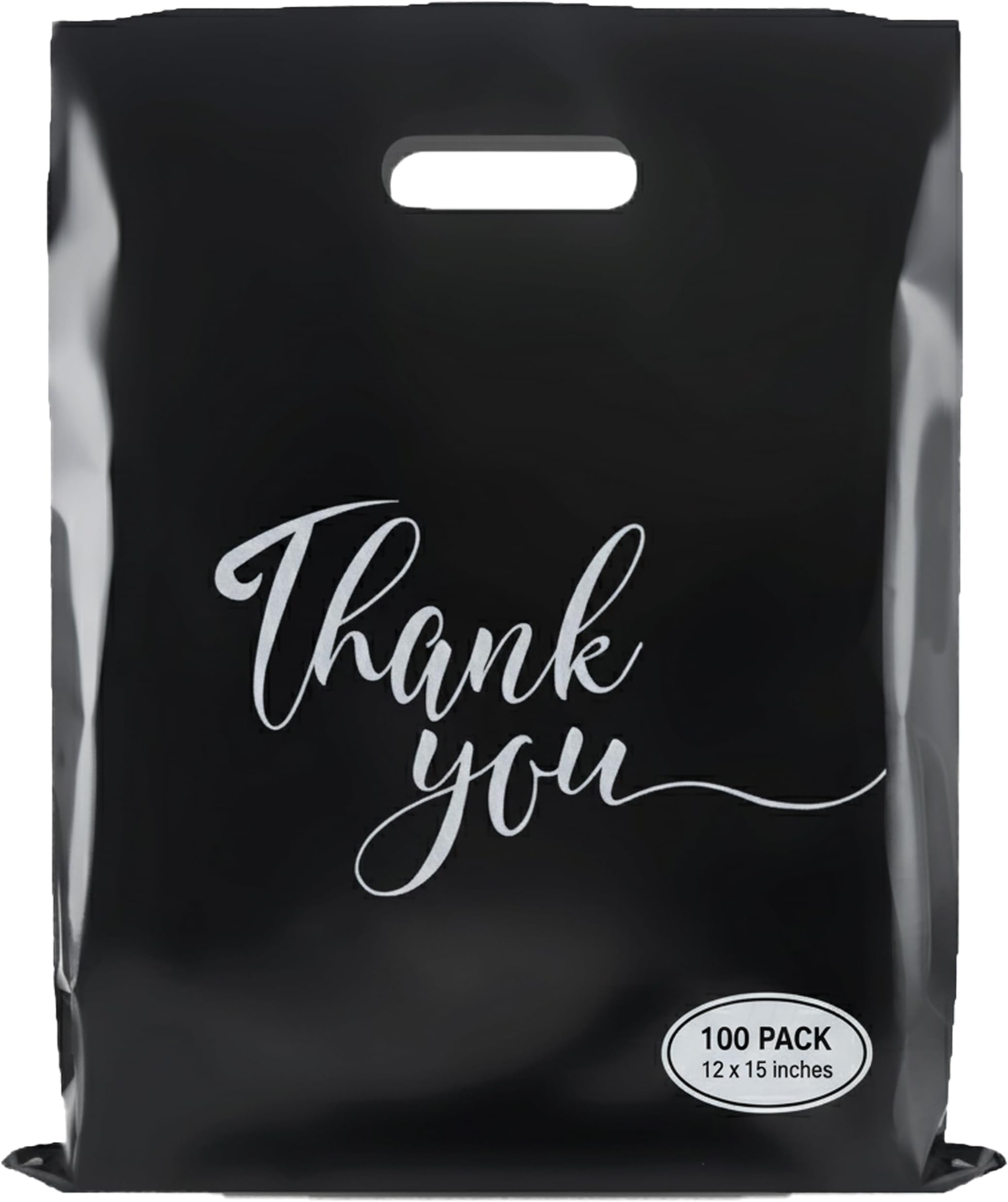 Rainbows & Lilies 100 Thank You Bags, 12x15 Plastic Bags with Handles, Shopping Bags for Boutique, Retail, Gifts, Goodie Bags - Thick Reusable Bags (Black)