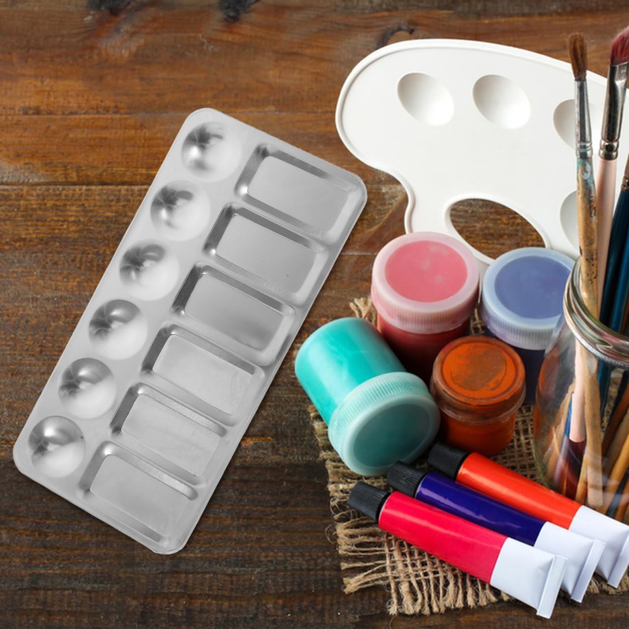 NUOBESTY 2 Pcs Stainless Steel Color Mixing Plates 9.05 X 4.33 Inch Pigment Palette Tool Metal Paint Dish for Watercolor Acrylic Drawing Trays Art Supplies