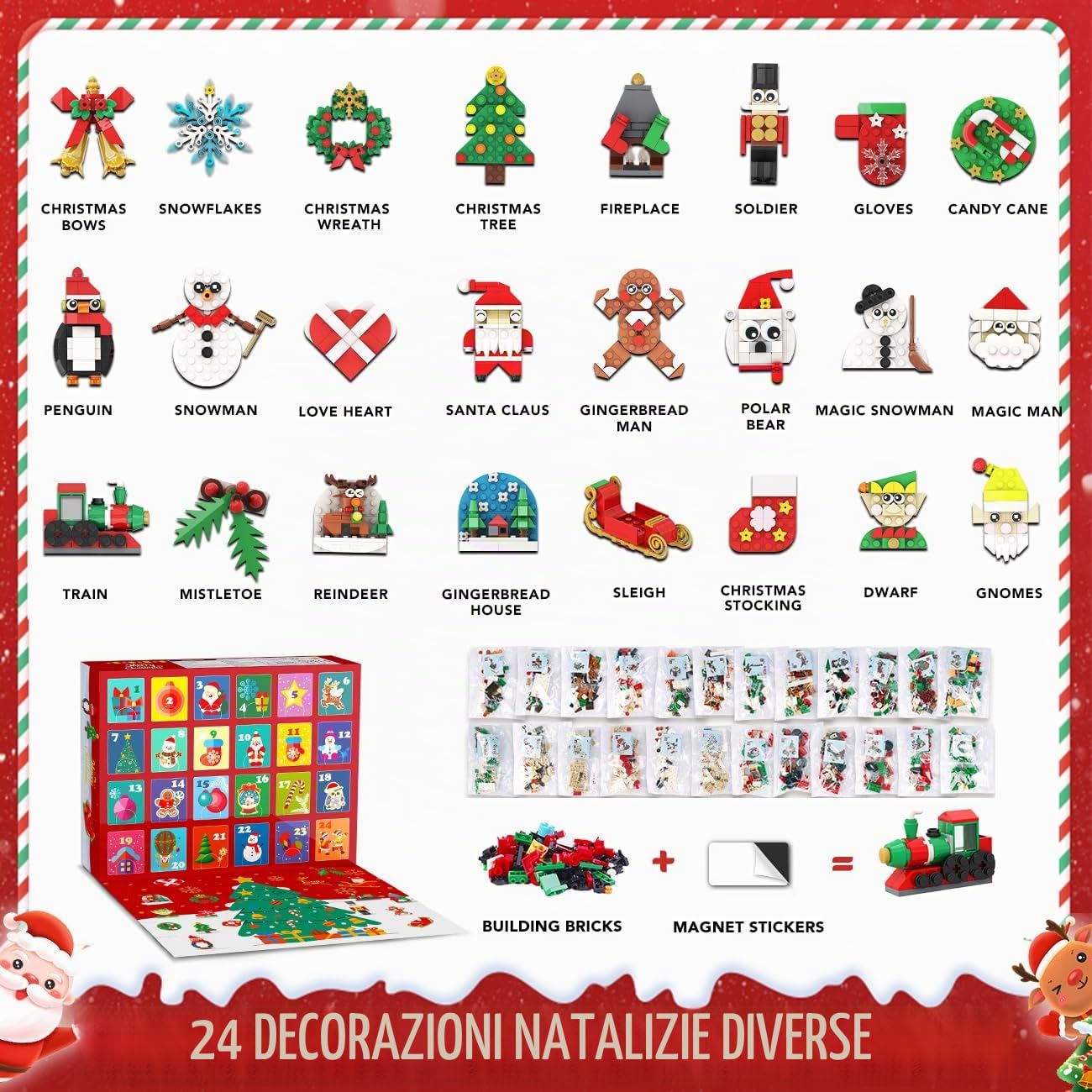 HOGOKIDS Calendario dell'Avvento 2025, decorazione natalizia con calamite per frigorifero, 24 giorni, conto alla rovescia, calamita Babbo Natale per frigorifero, decorazione natalizia, giocattolo