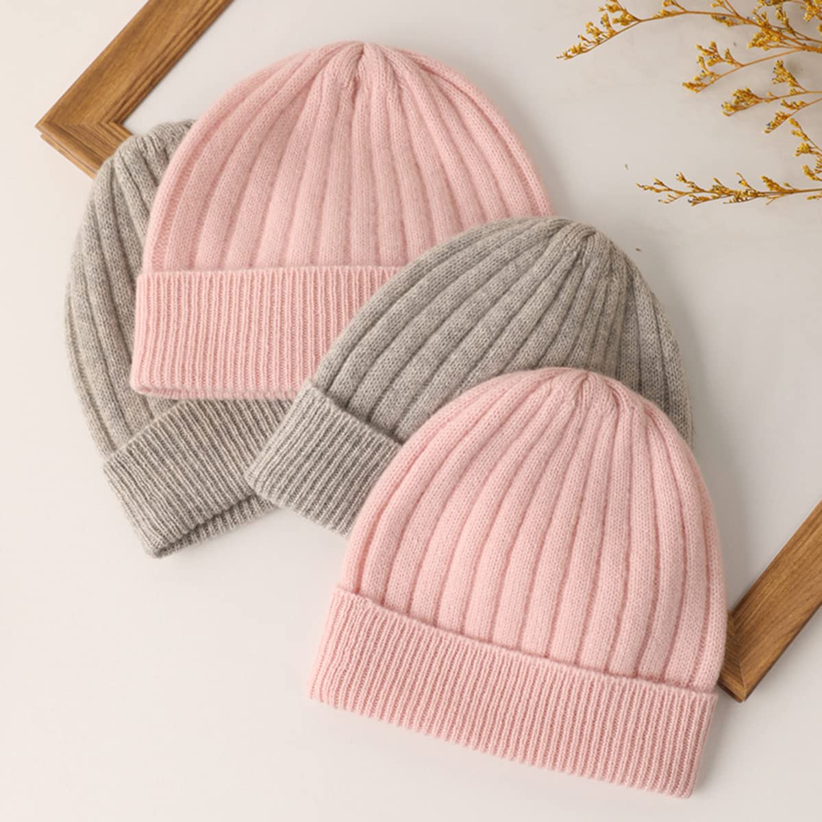 Bonnet en Tricot Parent-Enfant, 100% Cachemire Chaud Hiver Chapeau pour Enfants Bébé, Bonnet/Beanie Tricoté Slouchy, Filles Garçons Casquette de Ski Chapeaux de Protection des Oreilles Kid Pink