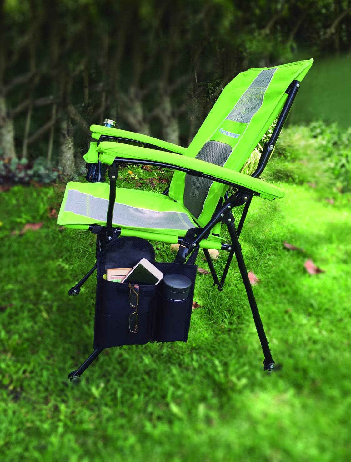 STRONGBACK Upgraded Cup Holder & Pocket for Camping Chairs - Durable Adjustable Armrest Accessory - Fits Cans/Bottles/Phones - Secure Storage Easy to Install for Outdoor Comfort