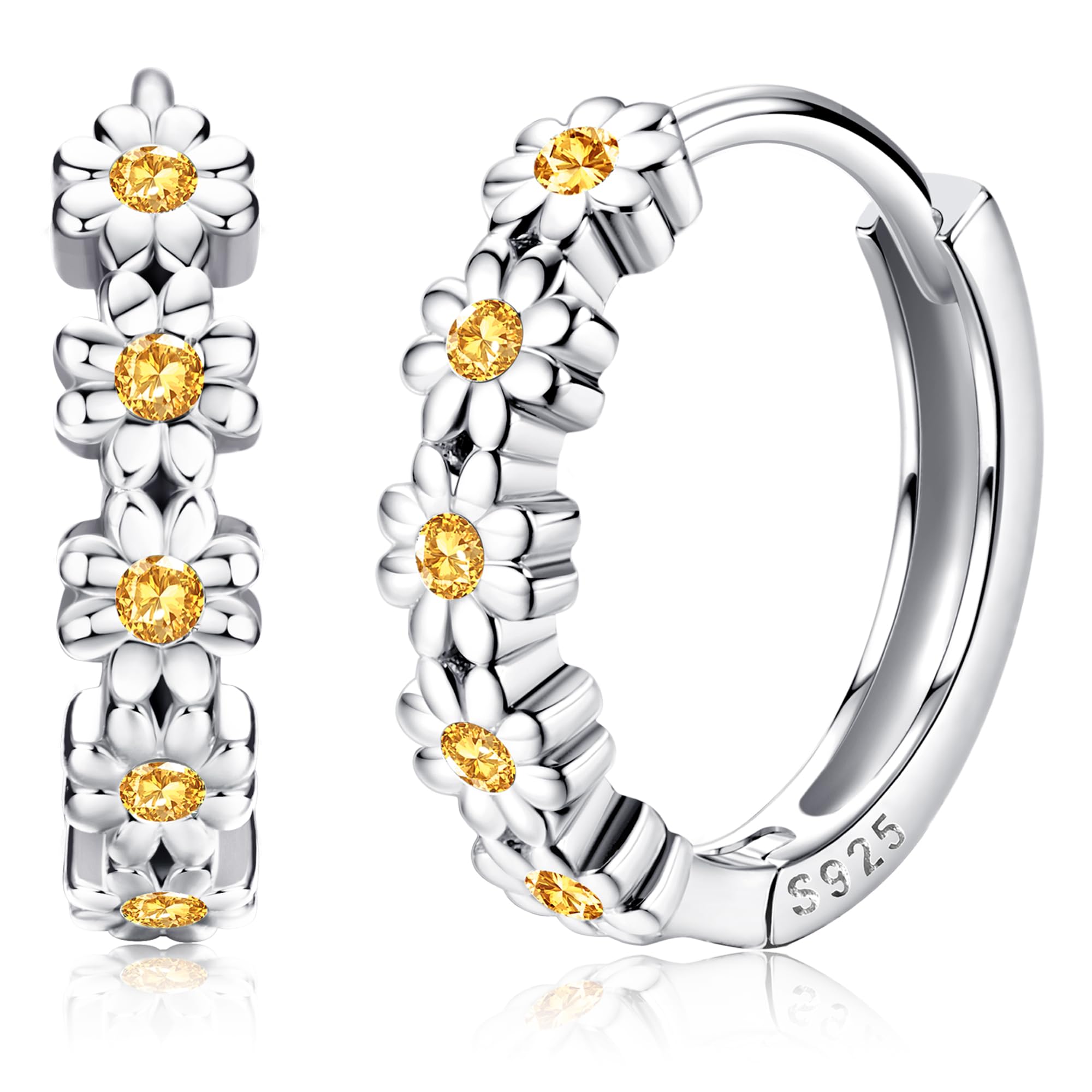 MILACOLATO Solid 925 Sterling Silver Small Hoop Earrings for Women 14K Gold Plated Daisy Huggie Hoop Earrings Cute Cubic Zirconia Flower Hoop Earrings