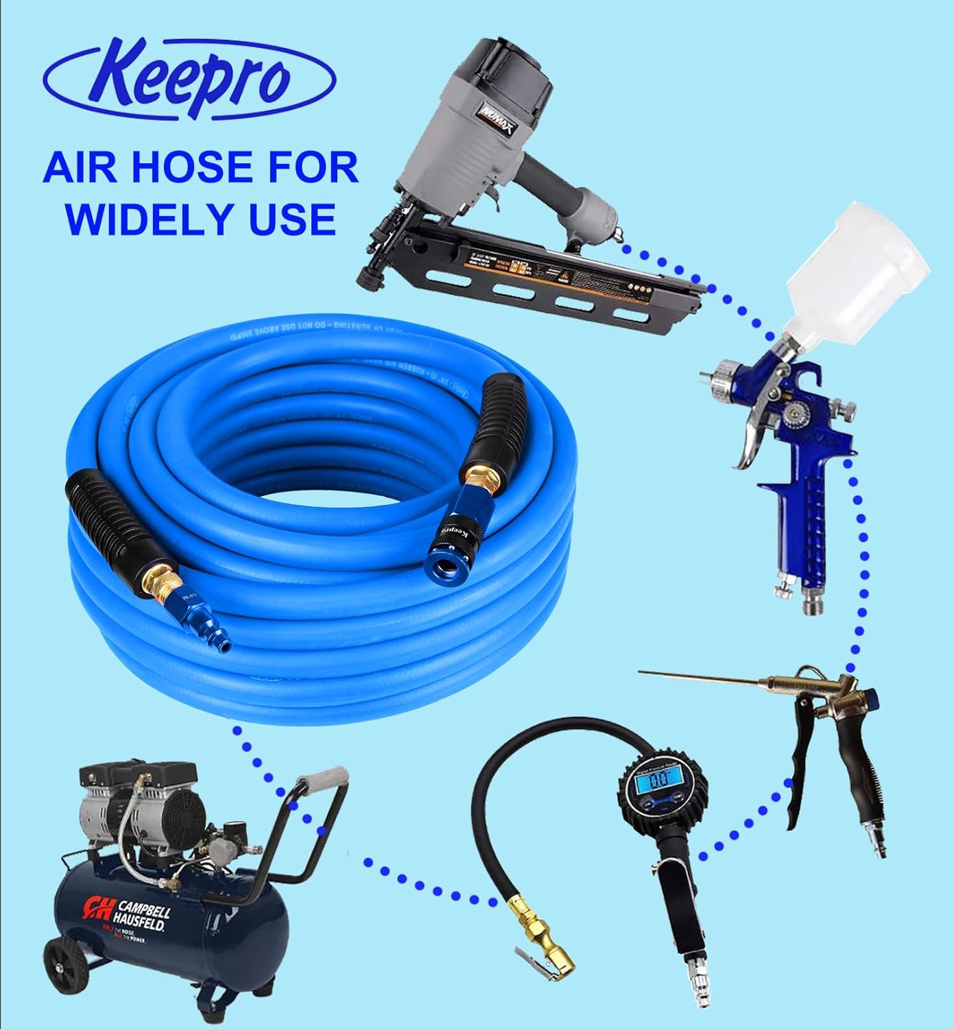 Keepro Rubber Air Hose, Durable Air Compressor Hose 3/8 Inch ID By 50 Feet Long with Swivel Universal Aluminium Quick Coupler and Plug, 300 PSI Maximum Pressure, Blue