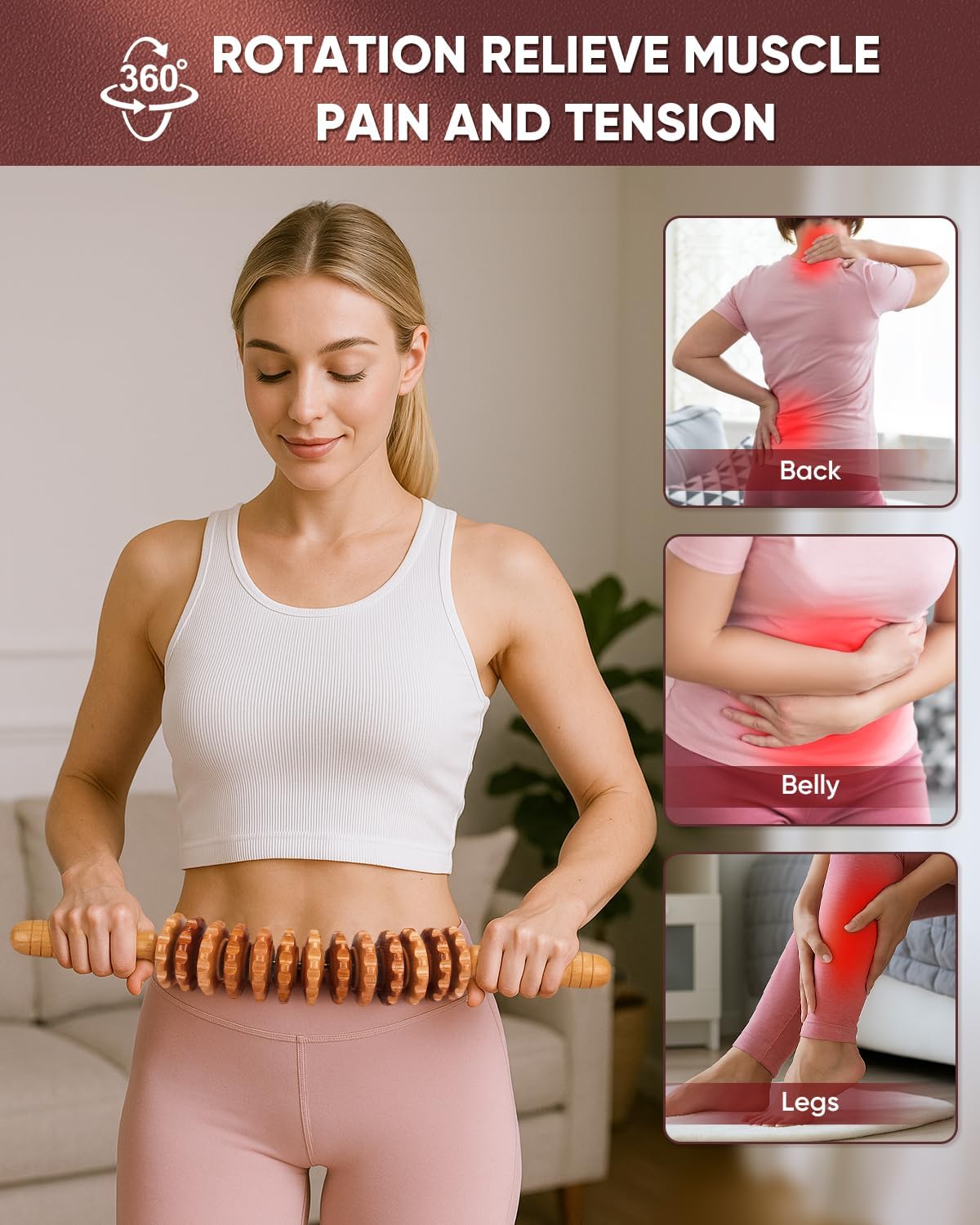 ONUEMP Cellulite Roller for Legs, Wood Therapy Massage Tools Maderoterapia Kit, Muscle Roller Stick Fascia Massager, Lymphatic Drainage & Body Sculpting for Thigh Butt Stomach Waist Back, Curved - Image 5