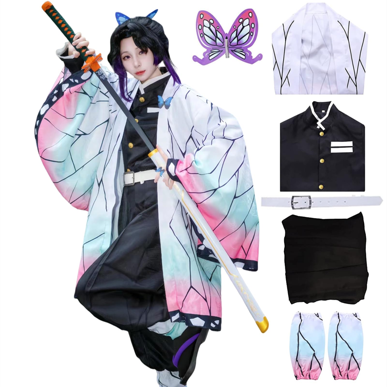 Buyoem Anime Cosplay Costume Kimono for Adult Robe Cloak Anime Costume Set Halloween Kimono Outfit Cosplay with Wig