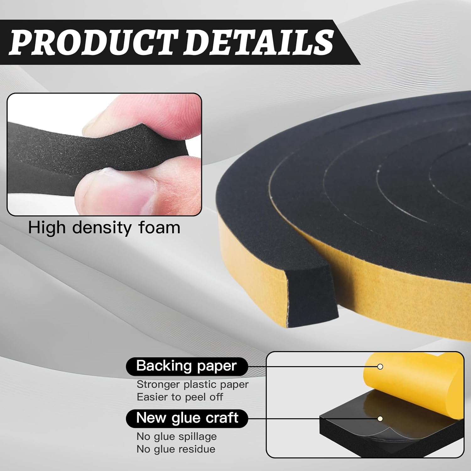 High Density Foam Tape with Adhesive, 2 Rolls (1/2" x 1/2" x 13 Ft Total), Multi-Purpose Weather Stripping for Doors, Automotive, and Furniture Protection, Shockproof Insulation Seal