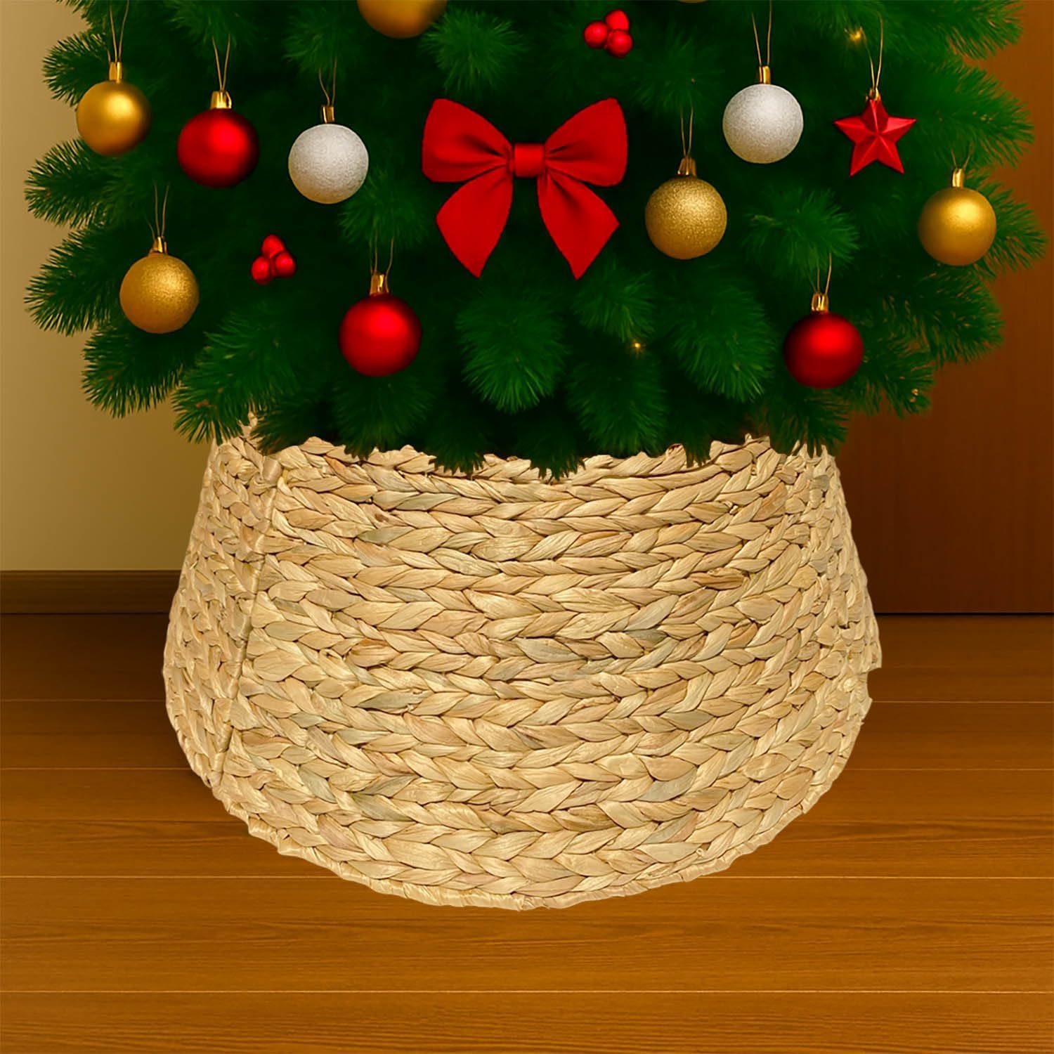 Water Hyacinth Christmas Tree Collar | Woven Wicker Christmas Rattan Xmas Tree Collar for Artificial Trees | Tree Stand Base Cover Ring (27 inch, Natural Color)