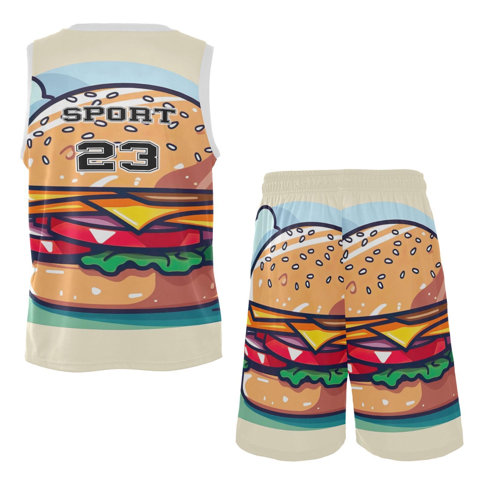 FLildon Cartoon Burger Boys Basketball Jersey Set Tank Top Shorts Tracksuit Sport Training Suit for Kids