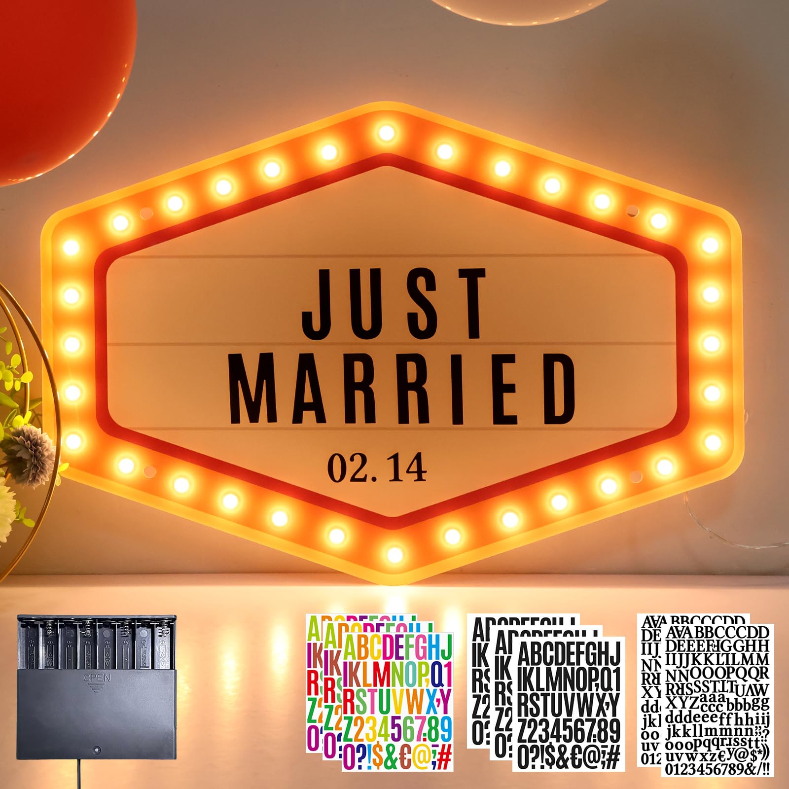 Großes personalisiertes Hochzeitsschild, LED-Festzelt-Buchstaben-Lichtschild mit Buchstaben-Aufklebern für Hochzeitsempfang, Geburtstagsparty, Nachtclub, Bar, Eingangsdekoration, 50,8 x 35,1 cm