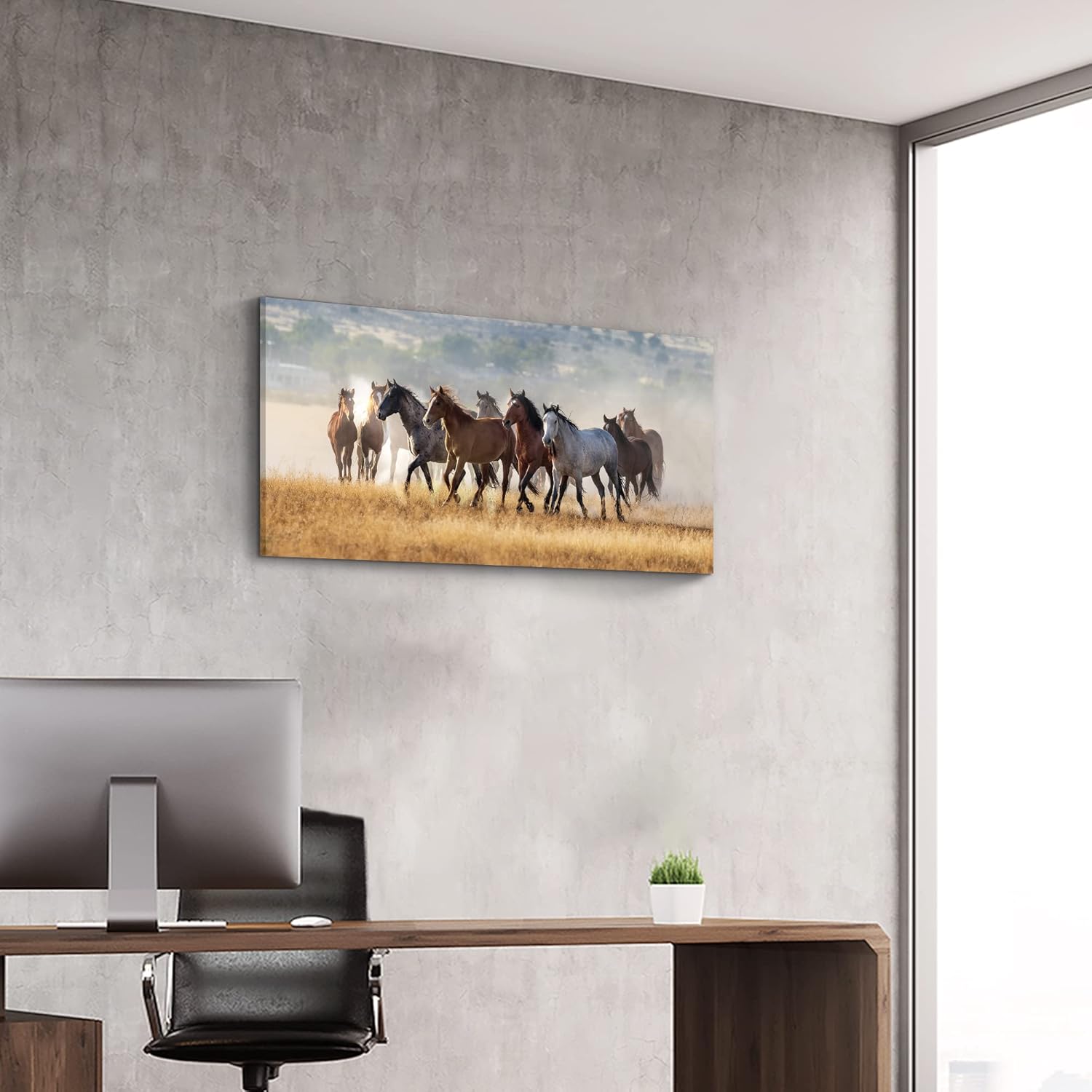 cozy country Rustic Horses Wall Art Decor: Western Farm Equine Canvas Picture Wild Animals Walking on Empty Grassland Farmhouse Ponies Portrait Painting Artwork for Living Room Bedroom 48" x 24" - Image 4