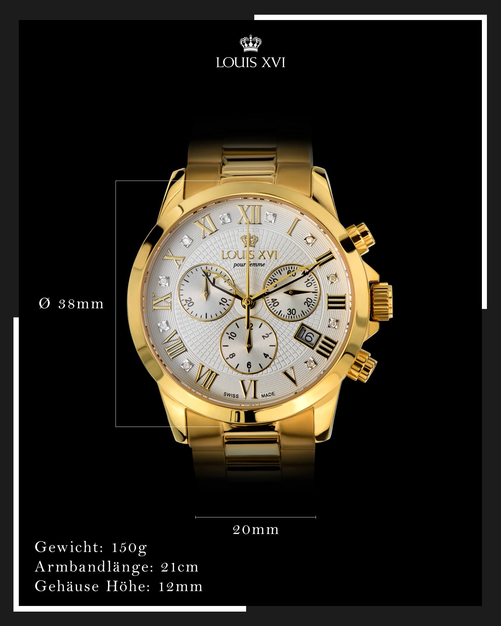 LOUIS XVI Damen-Armbanduhr Athos Pour Femme Stahlband Gold Zifferblatt Schwarz/Weiss Chronograph Analog Quarz Edelstahl