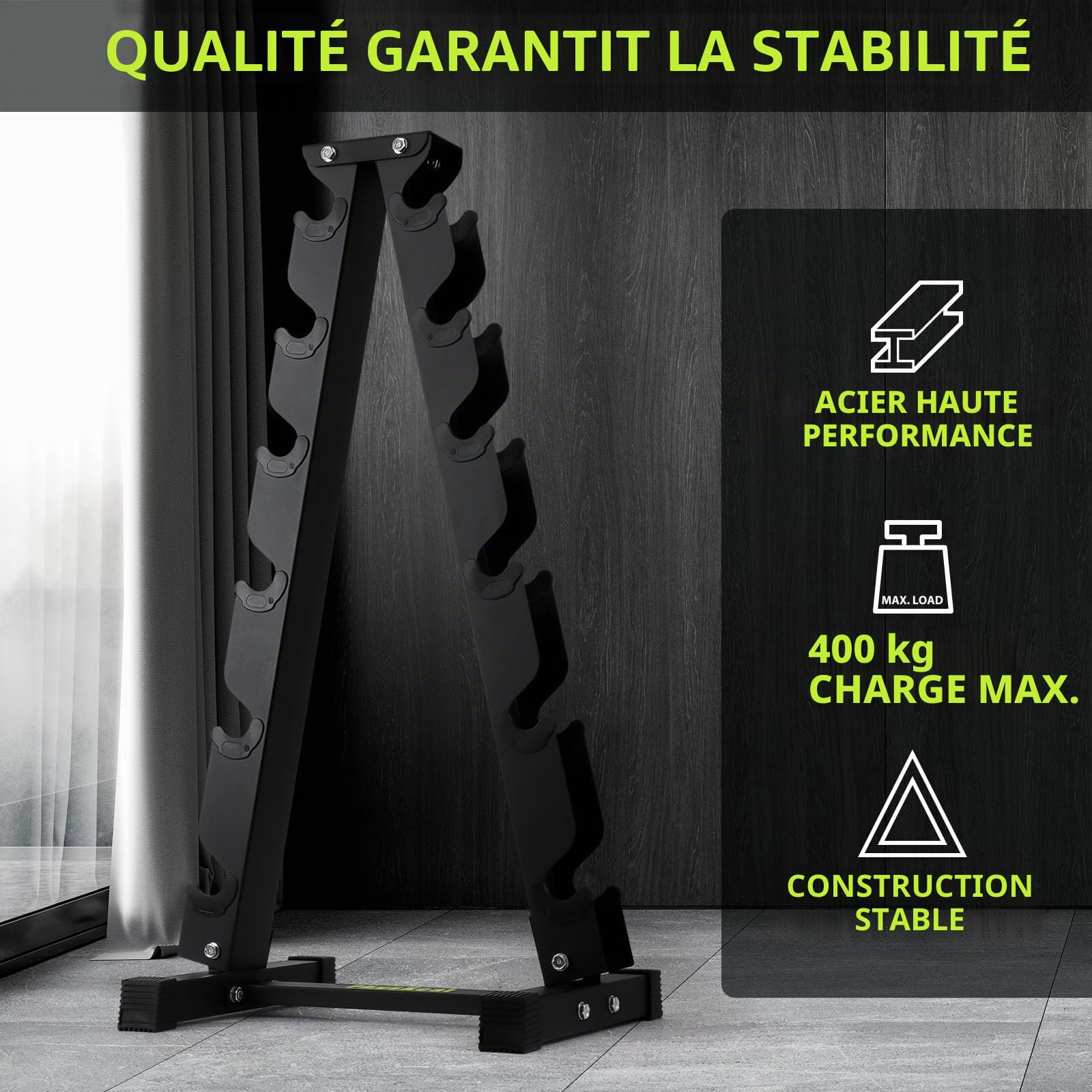 PhysKcal Support d'haltères en acier pour salle de sport en 3/5/6 niveaux | Robuste et solide, capacités de charge de 100 à 400 kg. Organisateur de rangement pour salle de sport à domicile