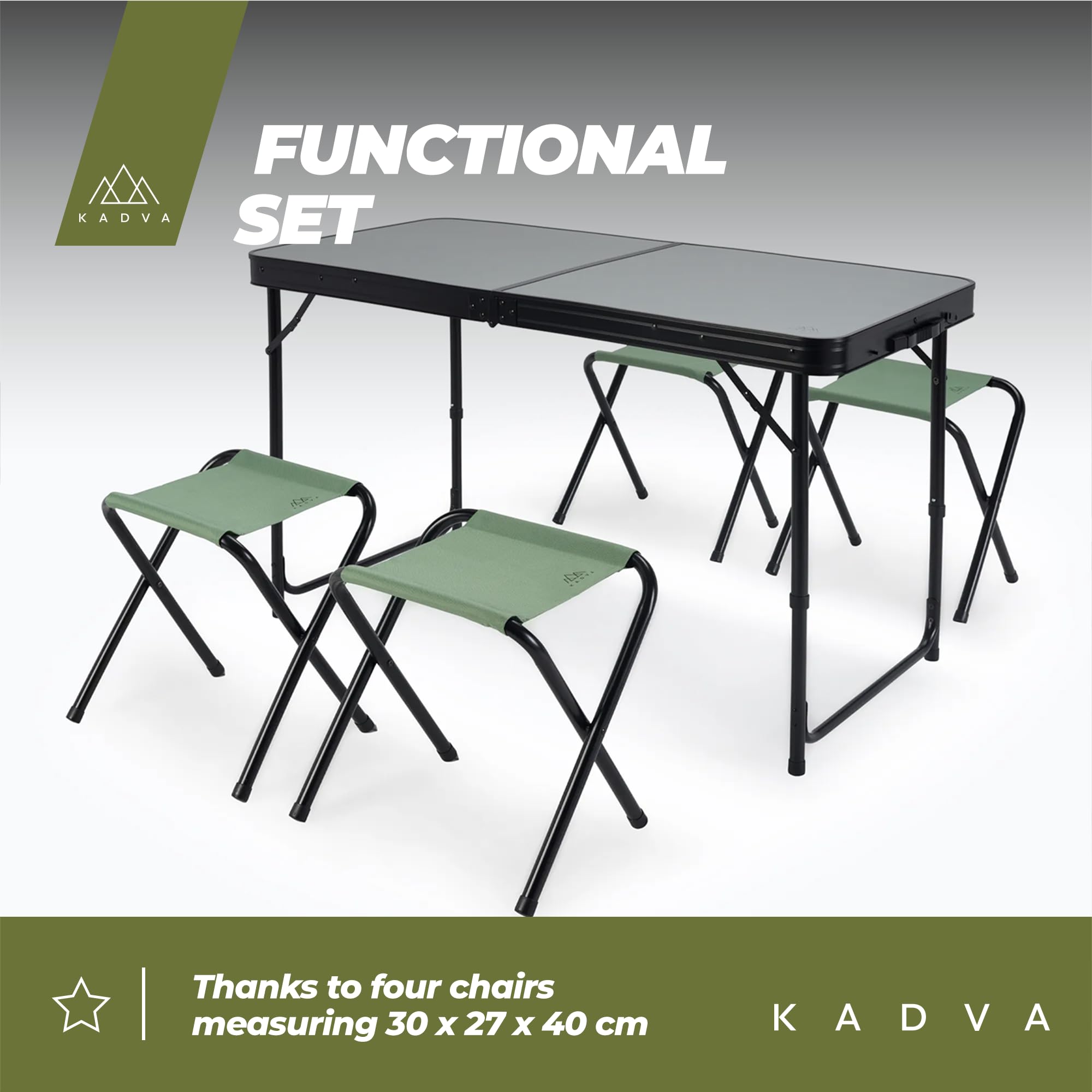 KADVA CAMPTable Camping Tisch Stuhl Set Hochwertige Verarbeitung Bequem für große Gruppen von Menschen Set aus Tisch 4 Stühlen und Abdeckung Ideal für Camping Kompakte Größe Farbe Grau