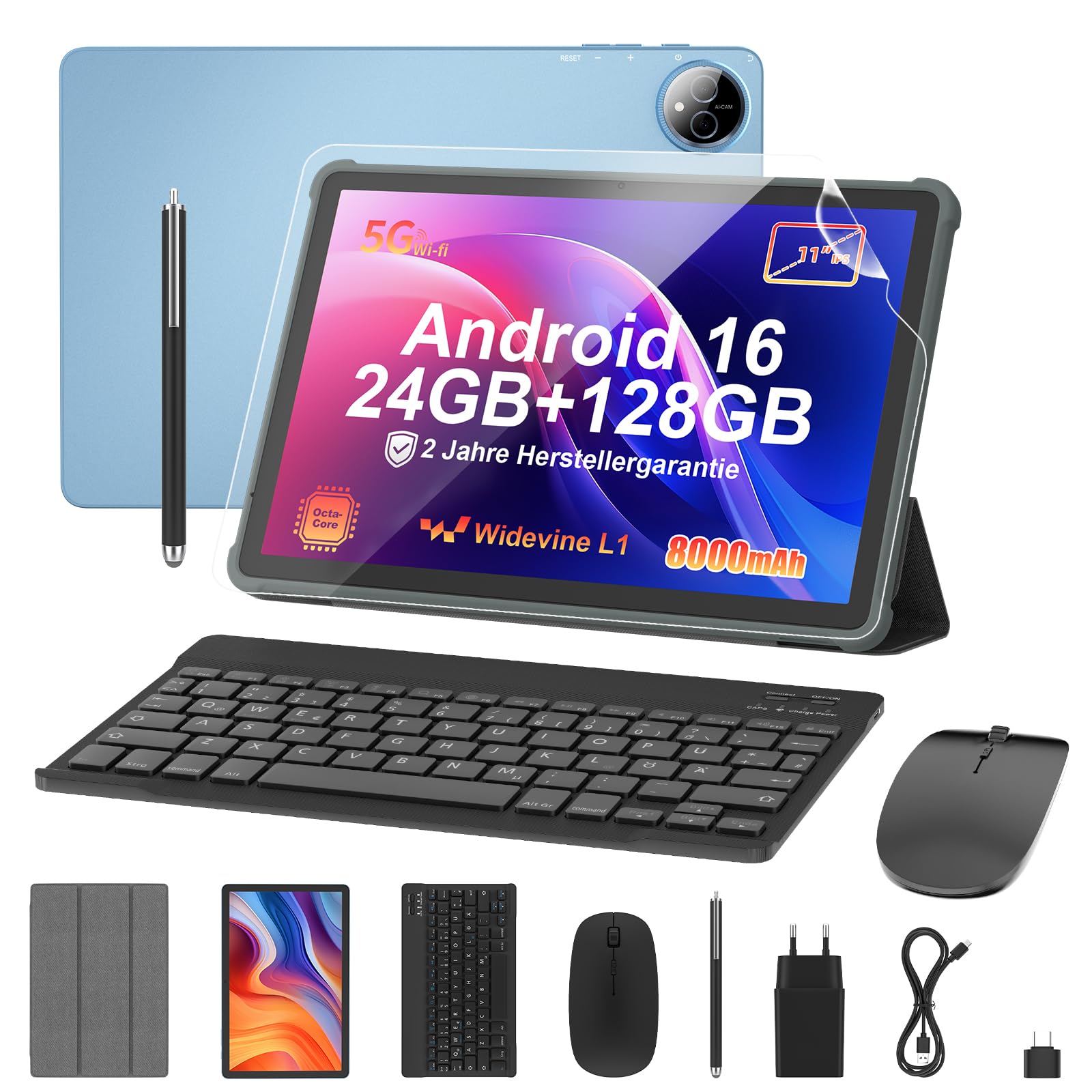 Tablet 11 pollici con tastiera: Android 16 8000mAh Octa-Core 24GB+128GB 2TB TF Tablet PC - WiFi 6 BT 5.2 1280*800 FHD+IPS 13MP+5MP fotocamera con mouse, USB C, adattatore, custodia, adattatore OTG