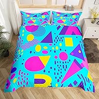 Vista 25 de Memphis - Juego de funda de edredón – Ropa de cama vintage amarillo púrpura con patrón de estilo retro, formas geométricas, ilustraciones