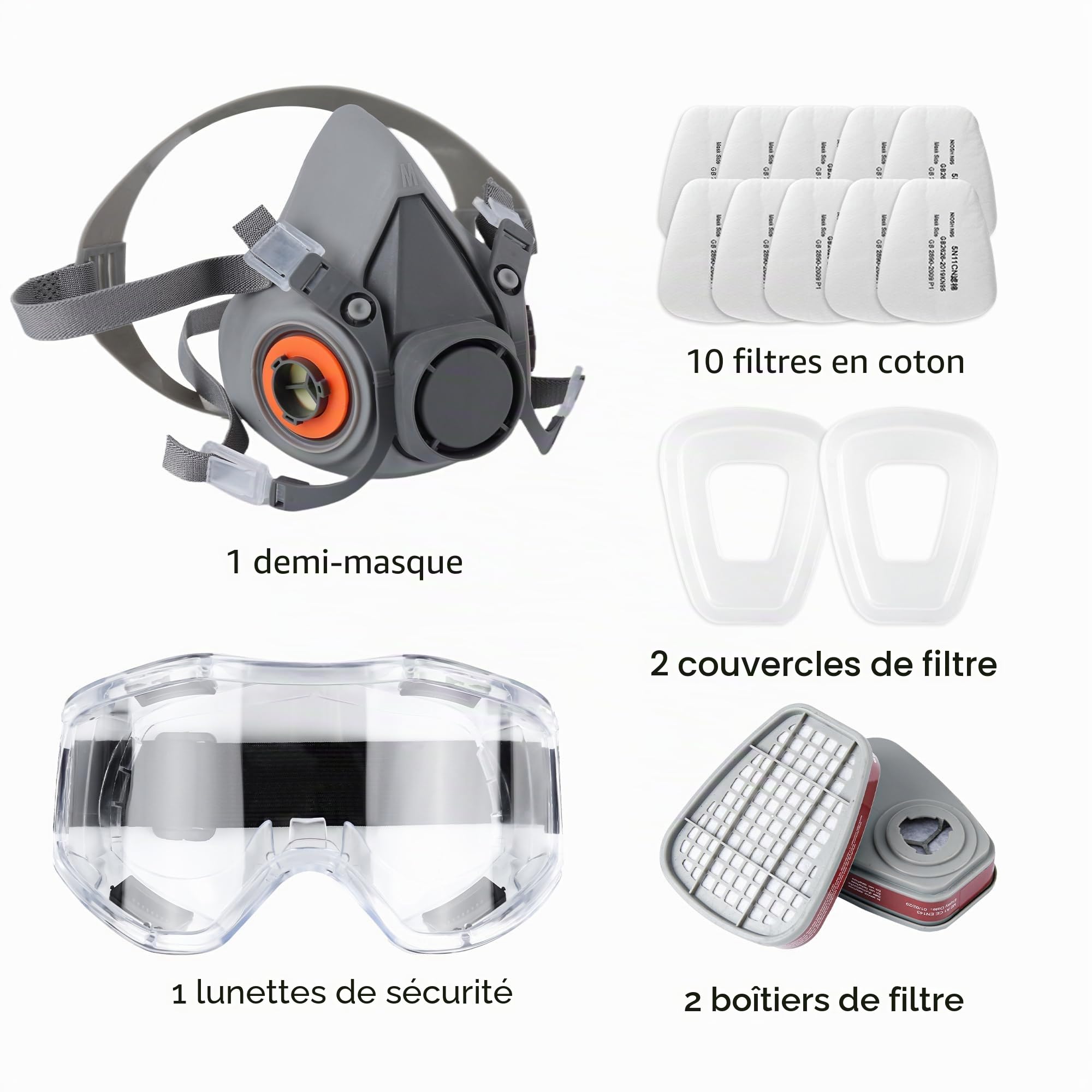 Masque de protection respiratoire réutilisable avec filtres et lunettes de protection, masque de demi-visage anti-poussière pour la peinture, la poussière fine, le ponçage, le