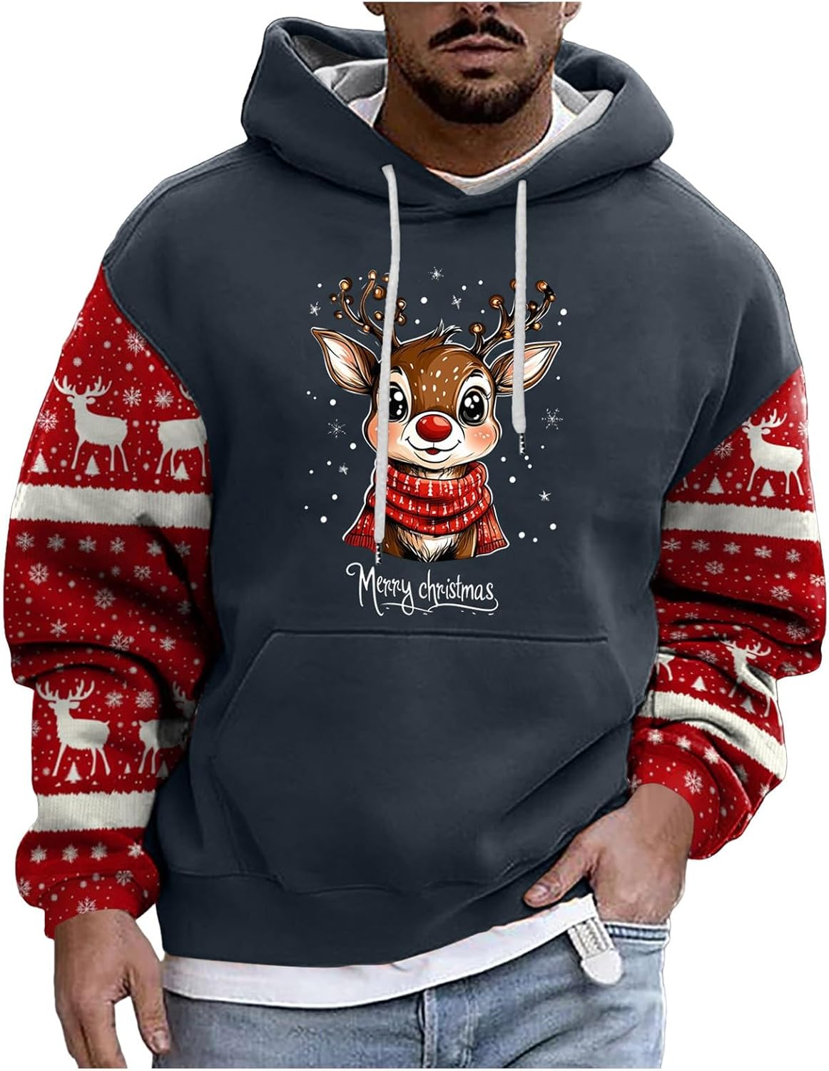 Pull De Noël à Capuche Homme Motif Renne 3D - Sweat-shirt Chaud, Poches Kangourou, Pour Fêtes Et Humour