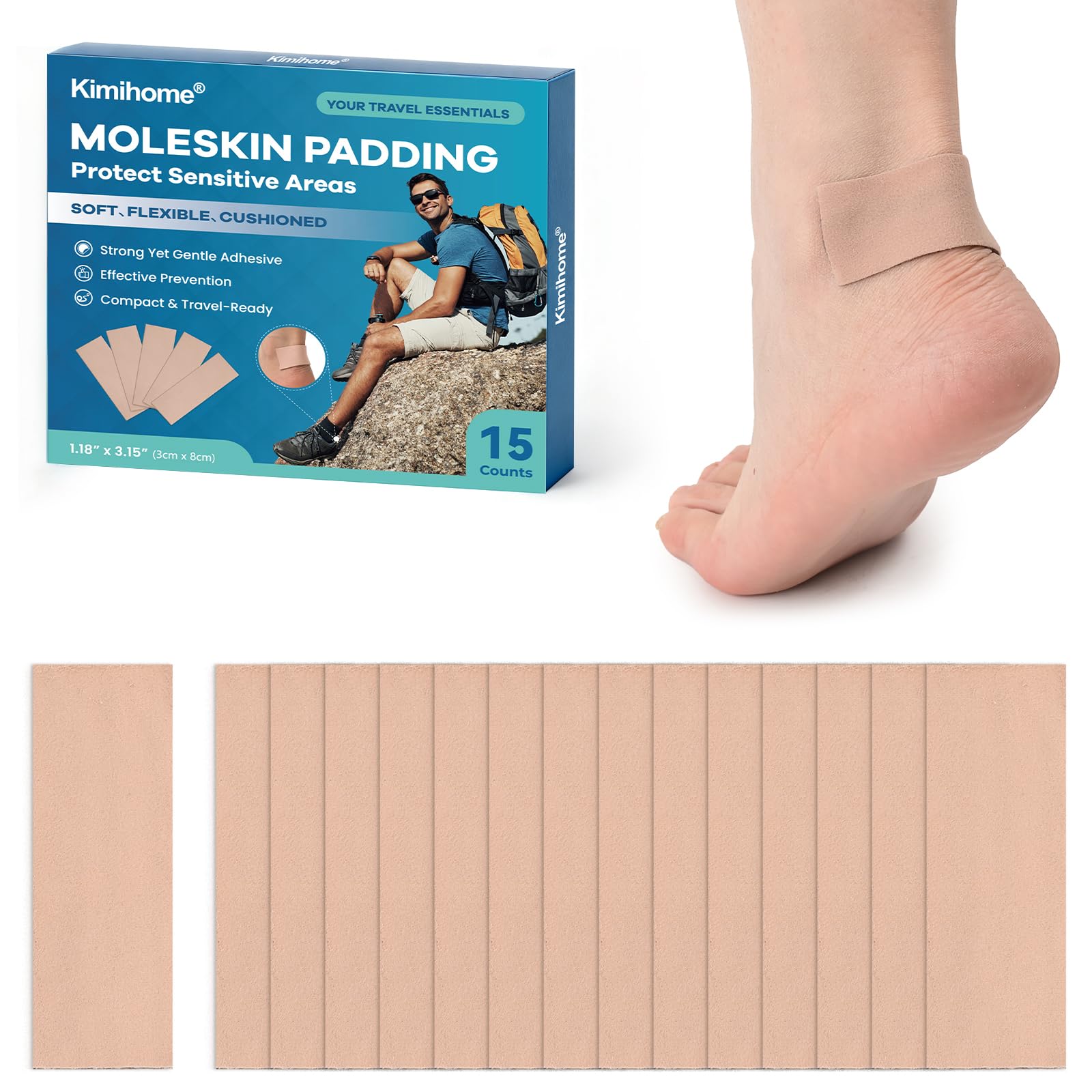 Moleskin Blister Pads for Feet &amp; Heels, Essential for Travelers – 15 Sheets