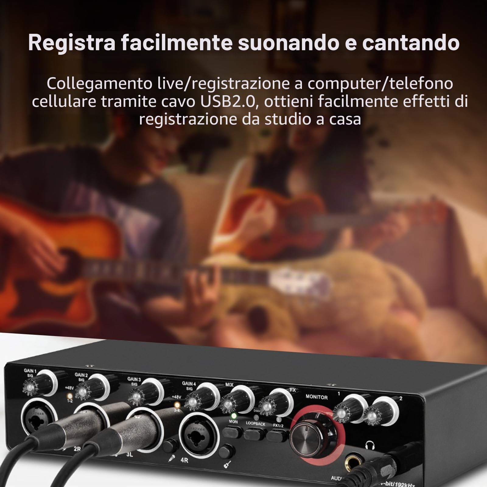 Scheda audio con interfaccia USB a 4 canali con alimentazione phantom da 48 V, 2 ingressi e 2 uscite, 24 bit 192 kHz per registrazione professionale, karaoke dal vivo, streaming, performance DJ e