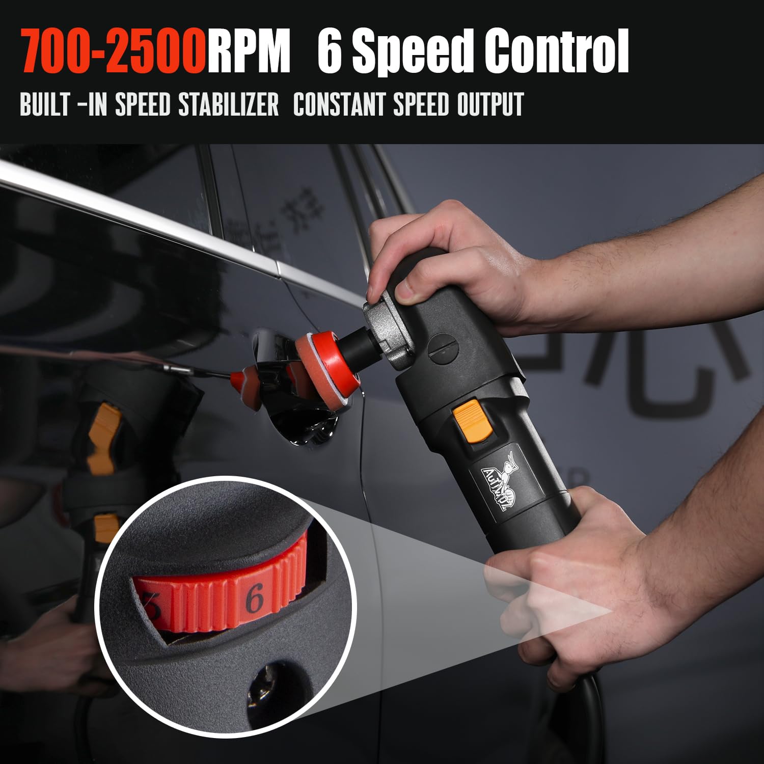 AUTIWOZ Mini Poliermaschine, 600W Polierer mit 6 Variable Geschwindigkeiten 700-2500 RPM, Abnehmbarer Seitengriff, für Auto Detailing Polieren, 25mm,50mm,75mm Gewinde Verlängerungswelle