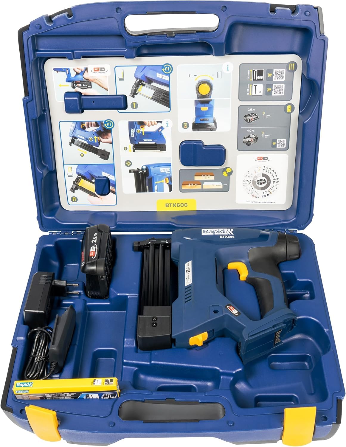 Rapid BTX606 - Agrafeuse Murale 18V, Agrafeuse-Cloueuse Électrique Sans Fil à Batterie, pour Agrafes à Couronne Étroite & Pointes, Bois Dur & Tendre + Batterie 2,5 Ah, Chargeur, Malette (5001502)