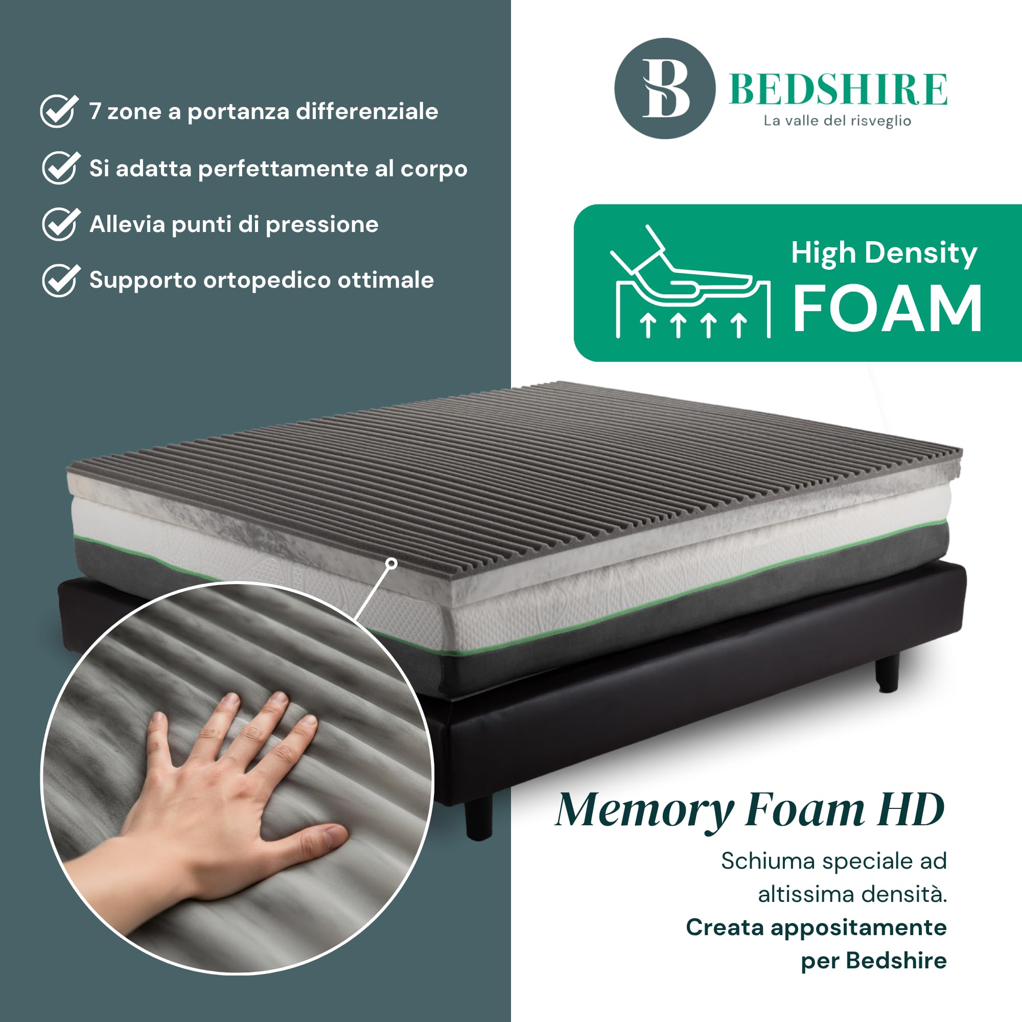 Bedshire Topper alla Grafite Matrimoniale 160x190 Materasso Correttore in Memory Foam HD in Grafene Alto 10 cm a 7 Zone con Rivestimento Sfoderabile Futon Ortopedico Made in Italy 100%