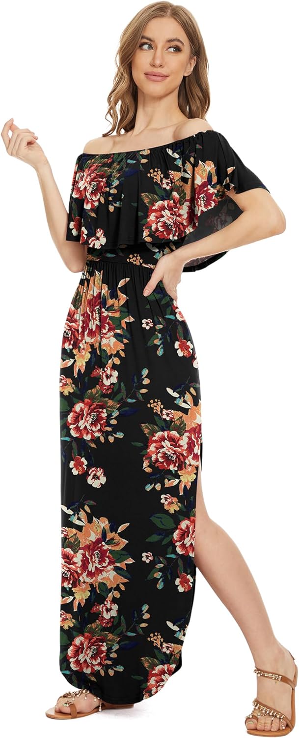 LILBETTER Womens Off The Shoulder Ruffle Party Dresses Side Split Beach Maxi Dress - Image 4