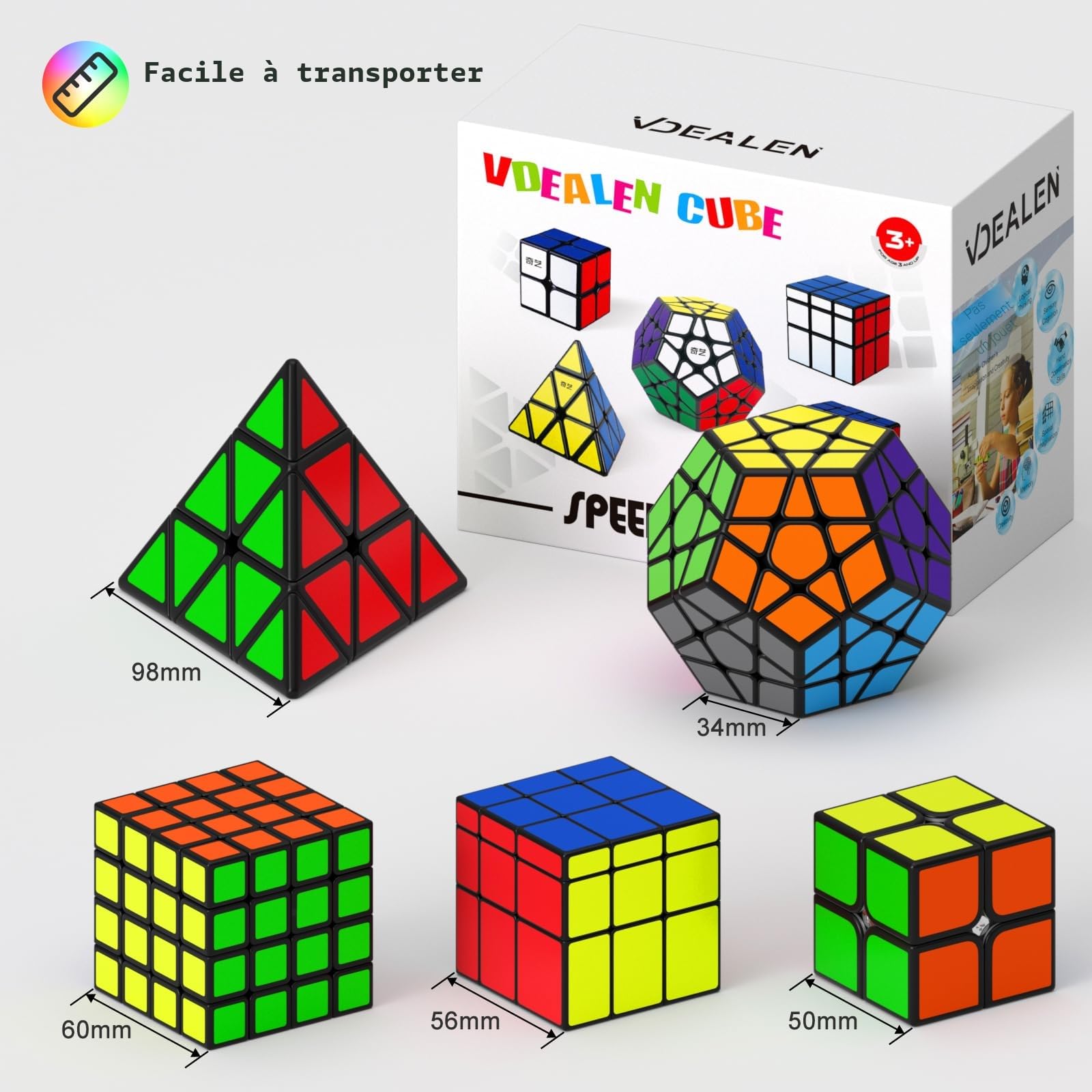 Vdealen Speed Cube Magique 2x2 4x4 Pyramide Megaminx Mirror Cube de Vitesse, Lisse Autocollant Magic Cube Puzzle, Cadeau pour Enfants Les Adolescents Adultes