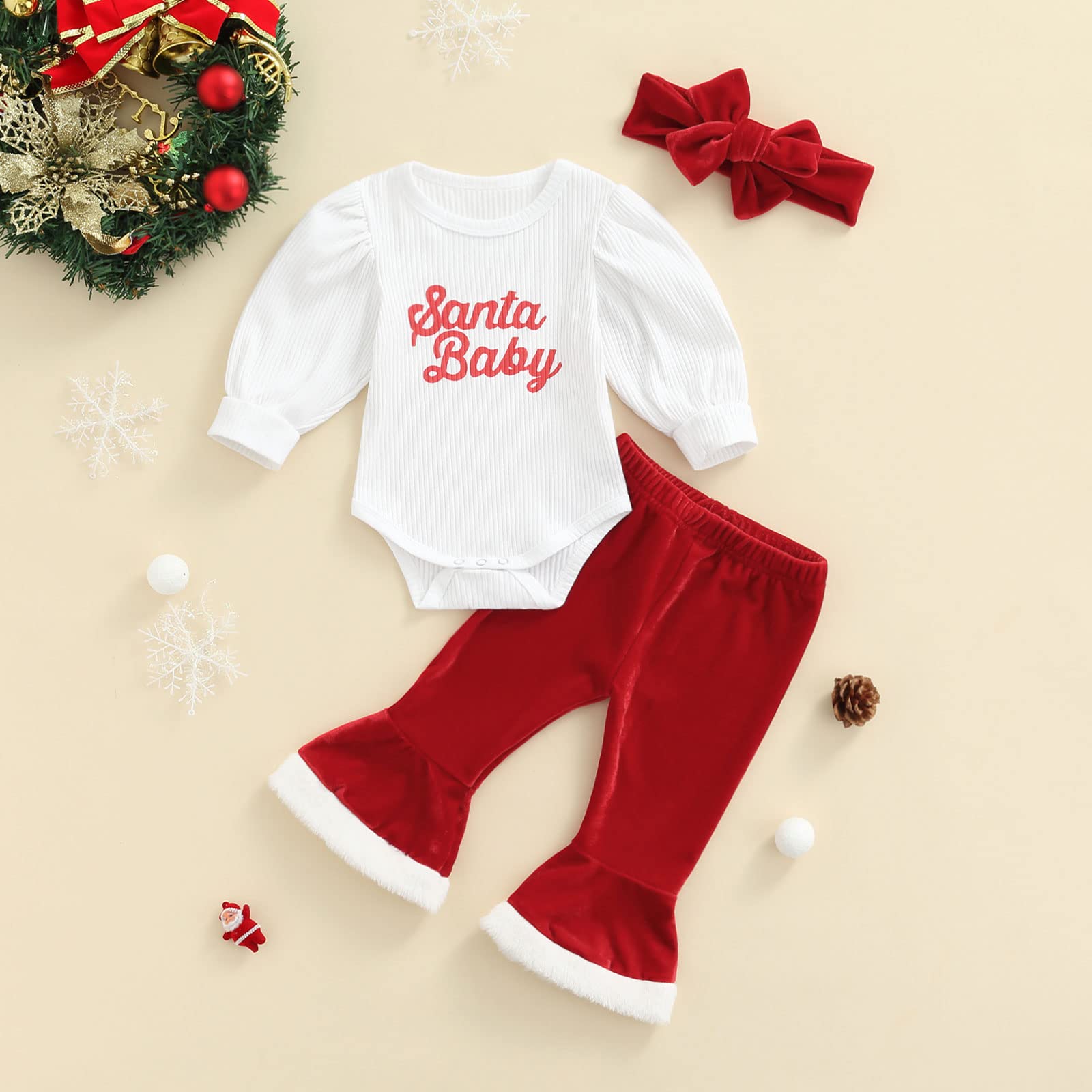 Kaipiclos Newborn Baby Girls Christmas Outfits Long Sleeve Solid Color Romper Velvet Flared Pants With Headband Fall Winter Clothes 0-3 Month