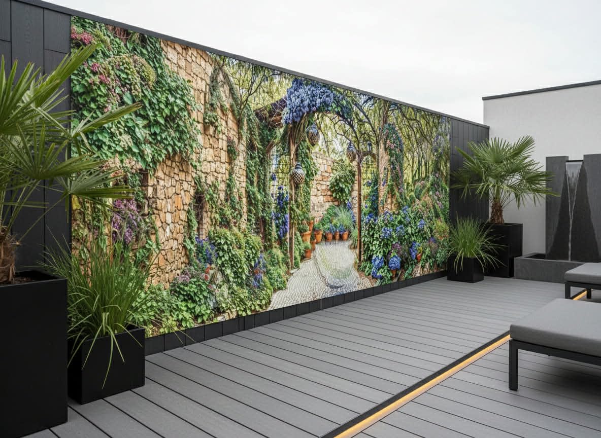 Mediterranean Stone Wall Garden Mural, Tapestry & Curtain Waterproof Outdoor Wall Hanging, Floral Courtyard Garden Wall Art & Fence Decor W196.85 inches x H70.87 Inches