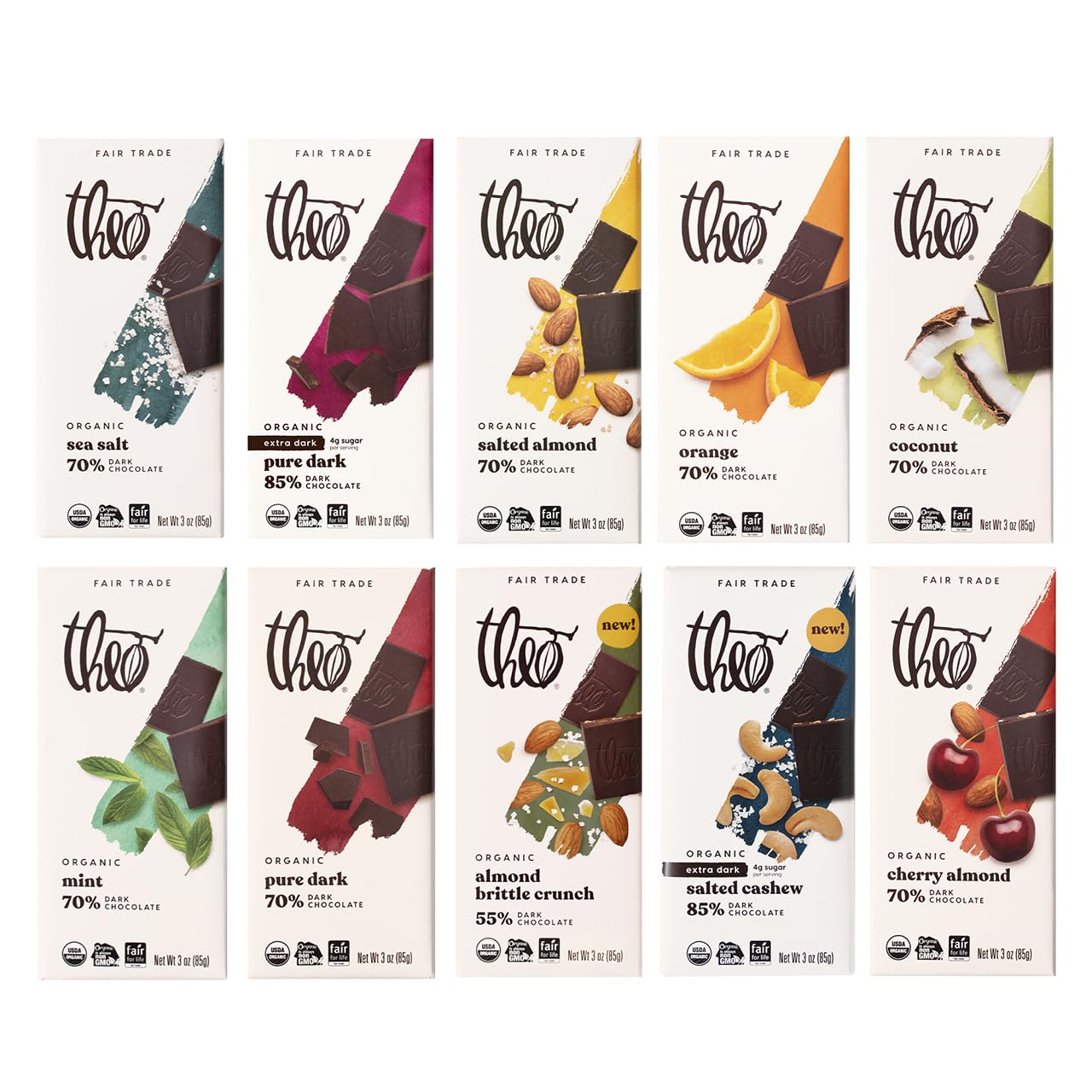 Theo Chocolate Organic Dark Chocolate + Sea Salt Variety 6 Pack | Fair Trade, Chocolate Gift | 3oz Bars